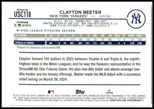 2024 Topps Chrome Update Refractors #USC118 Clayton Beeter New York Yankees