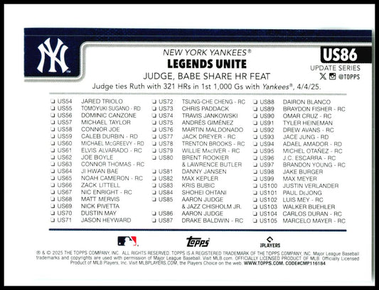 2025 Topps Update #US86 Legends Unite New York Yankees