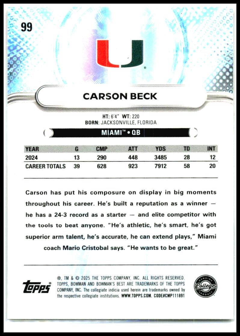 2025 Bowman University Best #99 Carson Beck Miami Hurricanes