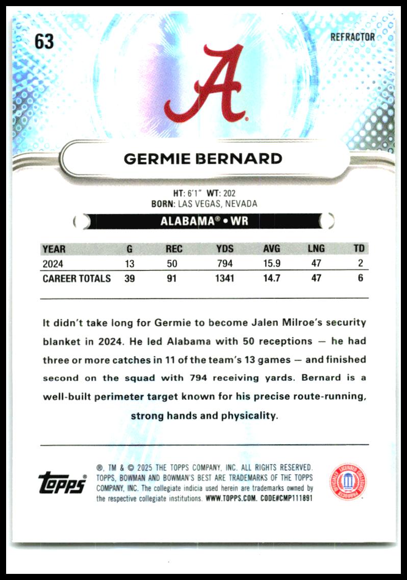 2025 Bowman University Best Refractor #63 Germie Bernard Alabama Crimson Tide