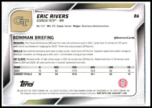 2025 Bowman University Chrome #86 Eric Rivers Georgia Tech Yellow Jackets