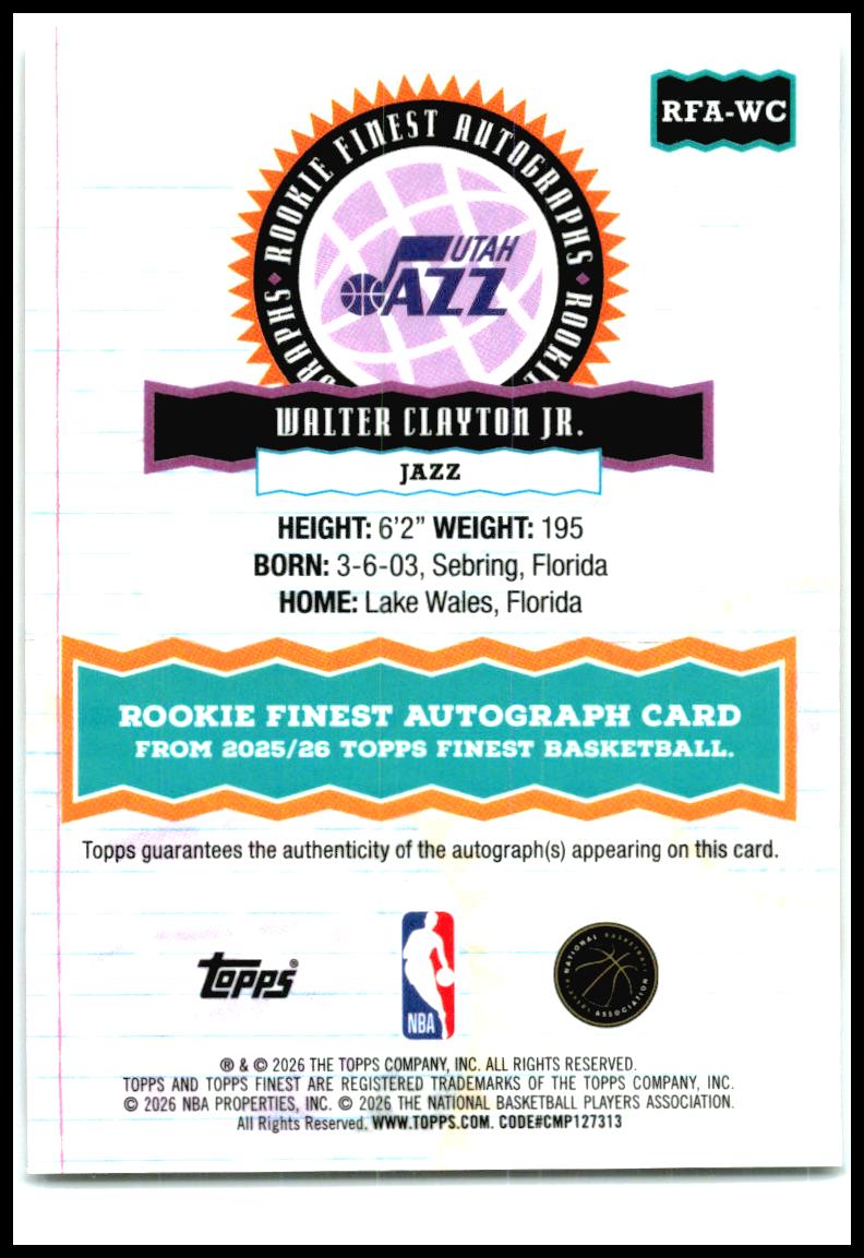 2025-26 Finest Rookie Finest Auto Gold /50 #RFA-WC Walter Clayton Jr. Rookie Auto