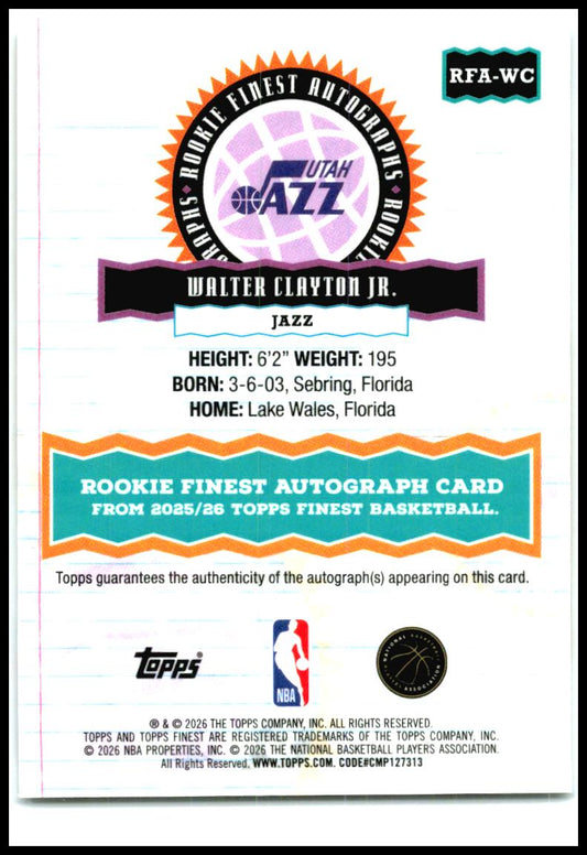 2025-26 Finest Rookie Finest Auto Gold /50 #RFA-WC Walter Clayton Jr. Rookie Auto