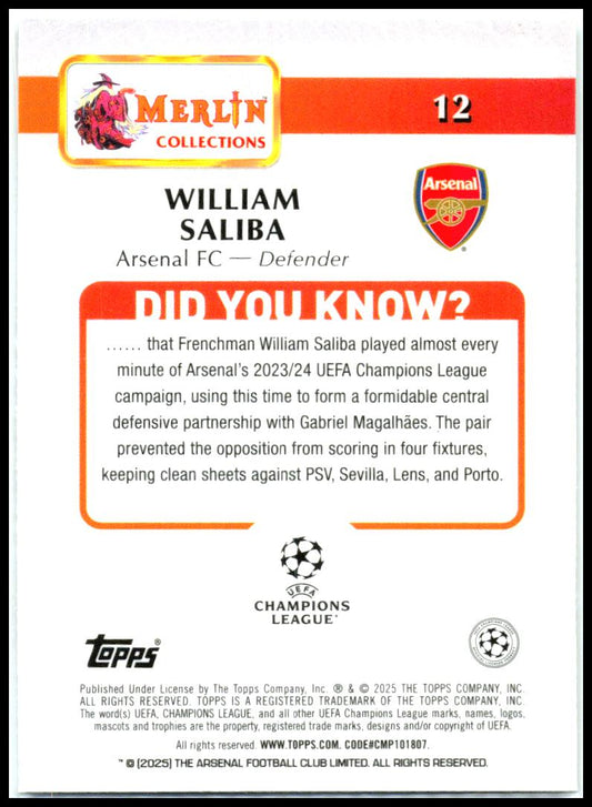 2024-25 Merlin UEFA Club Competitions #12 William Saliba Arsenal FC
