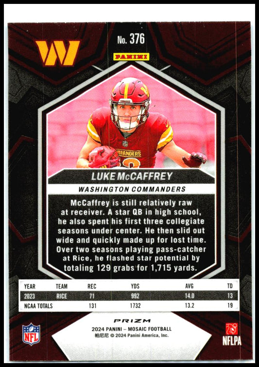 2024 Panini Mosaic Mosaic Reactive Blue #376 Luke McCaffrey Washington