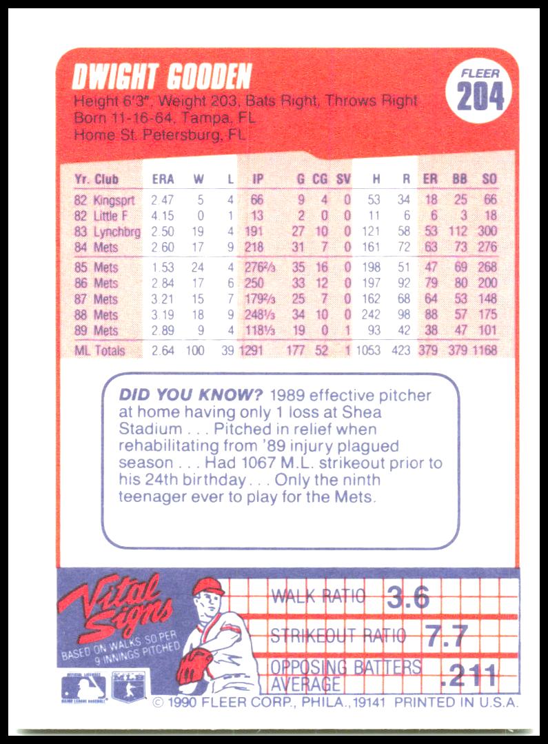1990 Fleer Canadian #204 Dwight Gooden New York Mets