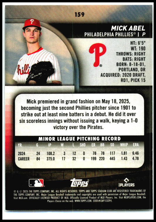 2025 Stadium Club Black and White #159 Mick Abel Rookie Philadelphia Phillies