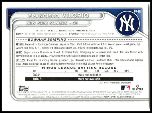 2024 Bowman Draft #BD-107 Francisco Vilorio New York Yankees