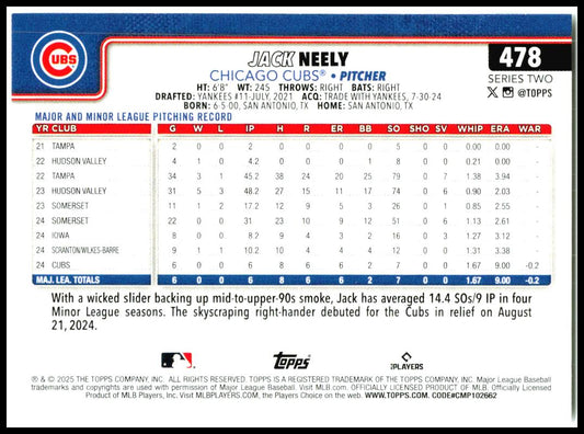 2025 Topps #478 Jack Neely Rookie Chicago Cubs