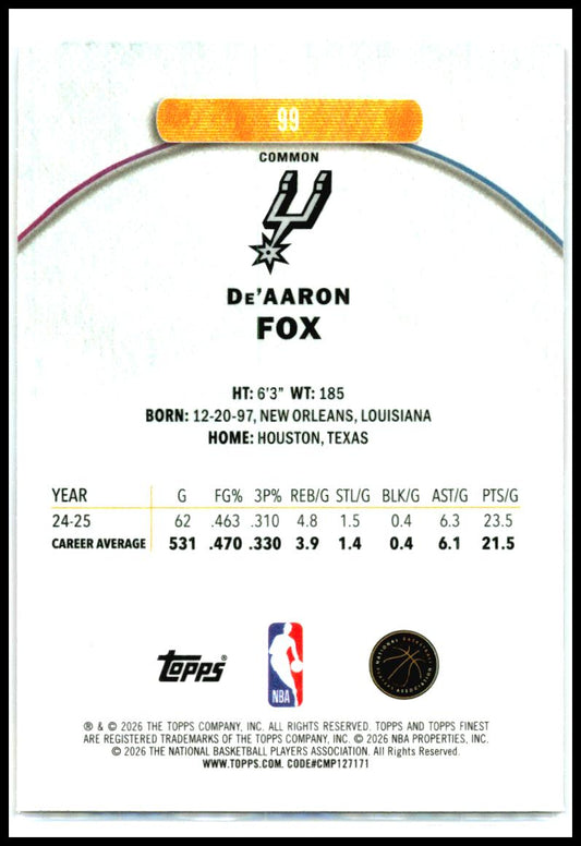 2025-26 Topps Finest #99 De'Aaron Fox Spurs