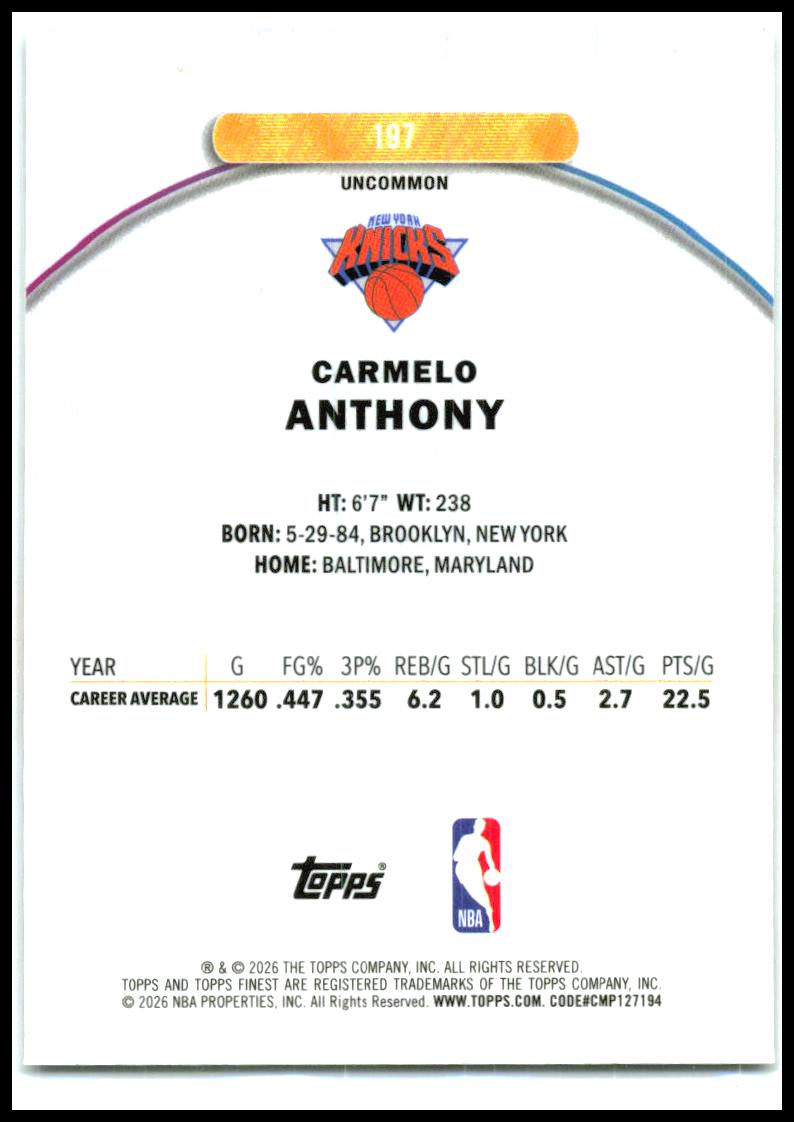 2025-26 Finest #197 Carmelo Anthony New York Knicks