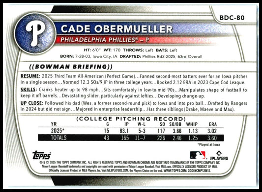 2025 Bowman Draft Chrome Sky Blue Refractor #BDC-80 Cade Obermueller Phillies