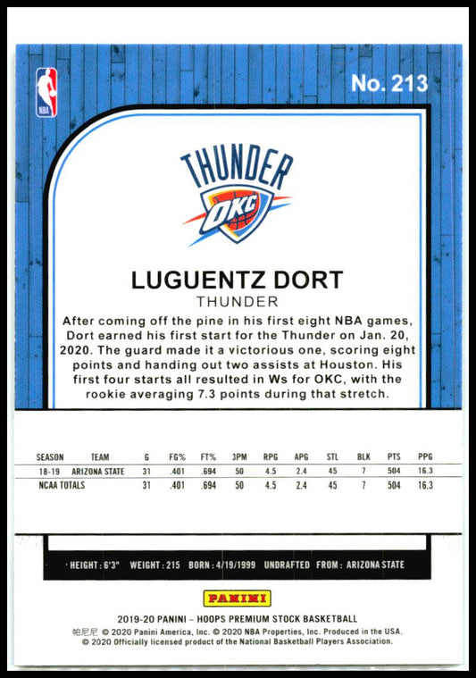 2019-20 Hoops Premium Stock #213 Luguentz Dort Rookie Oklahoma City Thunder