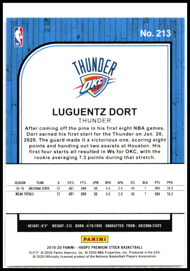 2019-20 Hoops Premium Stock #213 Luguentz Dort Rookie Oklahoma City Thunder