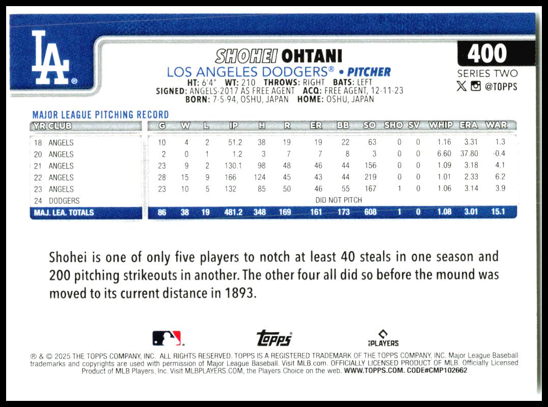 2025 Topps #400 Shohei Ohtani Los Angeles Dodgers