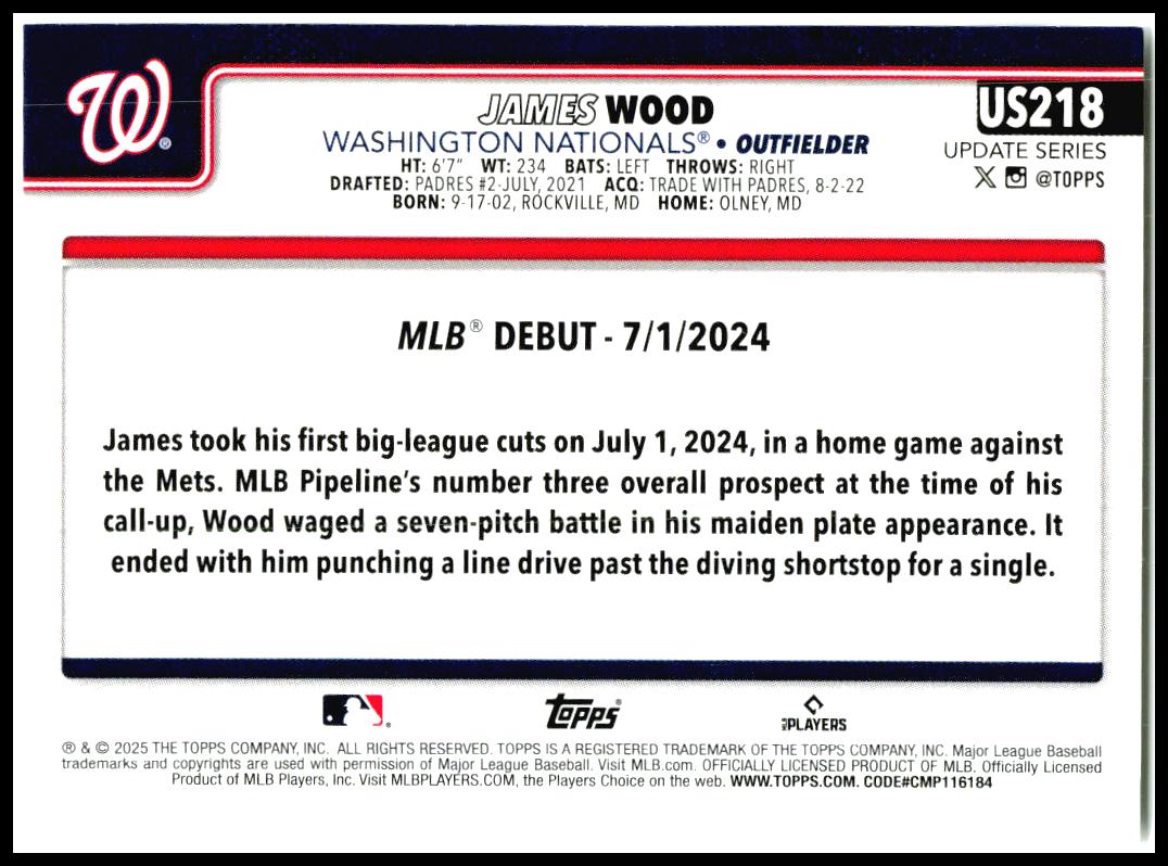 2025 Topps Update #US218 James Wood Washington Nationals