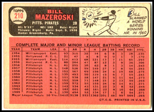 1966 Topps #210 Bill Mazeroski Pittsburgh Pirates