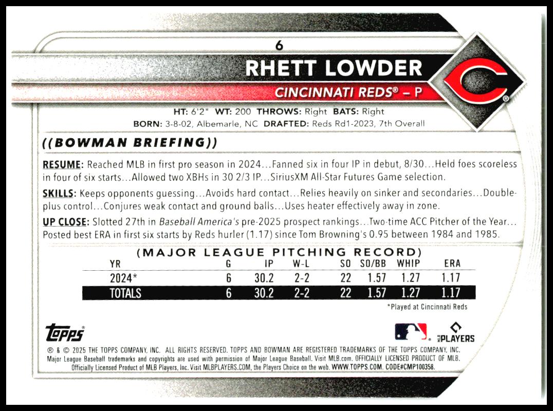 2025 Bowman #6 Rhett Lowder Rookie Cincinnati Reds