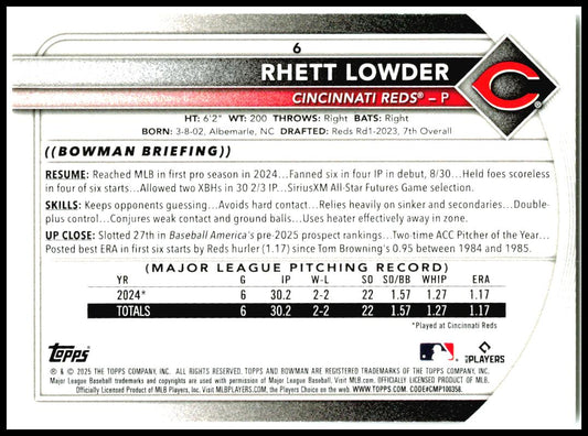 2025 Bowman #6 Rhett Lowder Rookie Cincinnati Reds