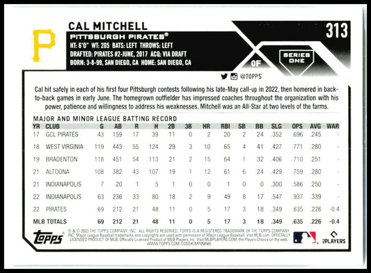 2023 Topps Gold #313 Cal Mitchell Rookie #/2023 Pittsburgh Pirates