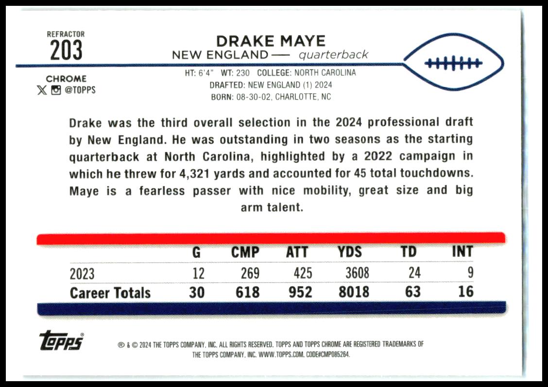 2024 Topps Chrome Refractor #203 Drake Maye Rookie New England Patriots