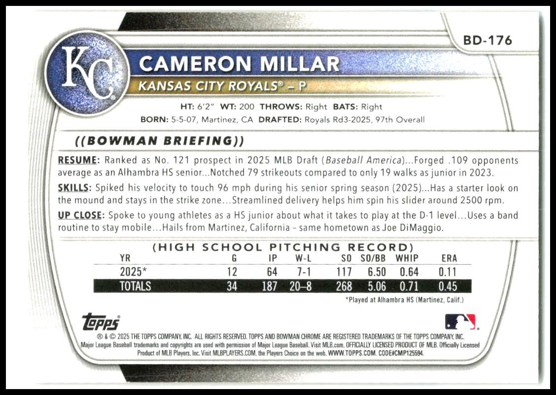 2025 Bowman Draft Gold Border #BD-176 Cameron Millar #/50 Kansas City Royals