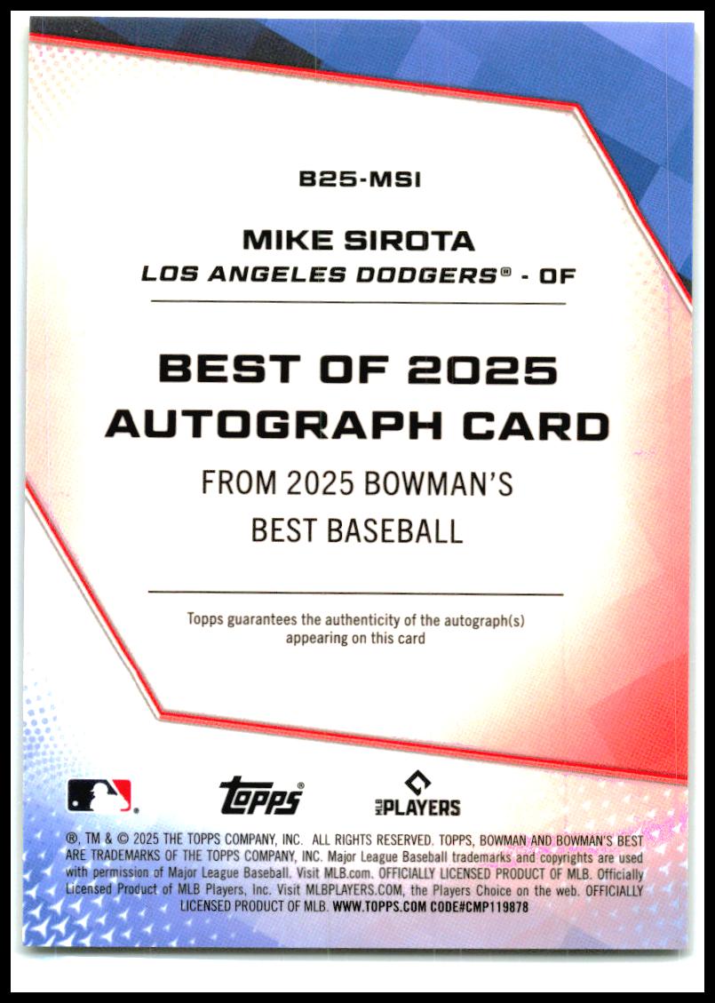 2025 Bowman's Best Best of 2025 Auto Gold /50 #B25-MSI Mike Sirota Auto Dodgers