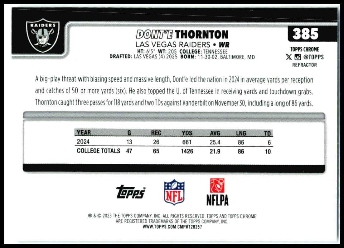 2025 Topps Chrome Refractor #385 Dont'e Thornton Rookie