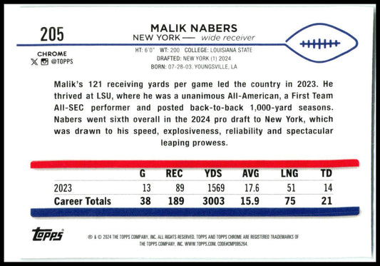 2024 Topps Chrome Sepia Refractor #205 Malik Nabers Rookie New York Giants