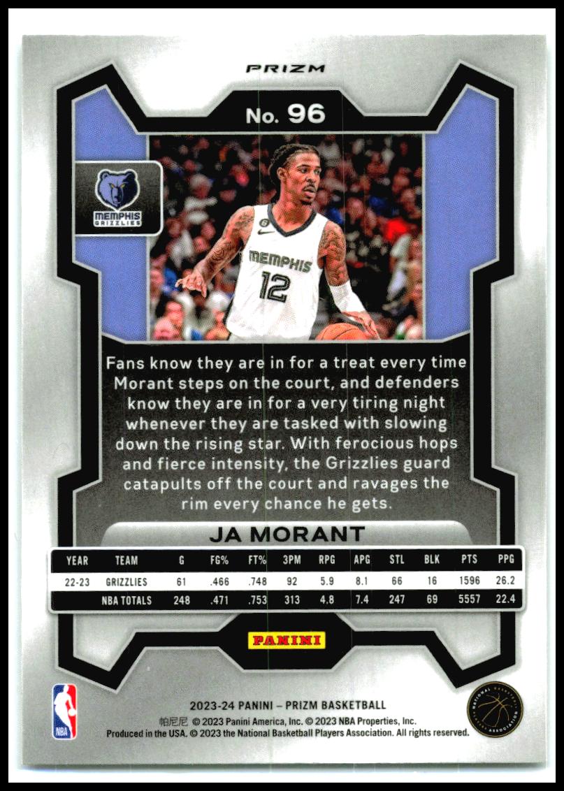 2023-24 Panini Prizm Prizms Silver #96 Ja Morant Memphis Grizzlies