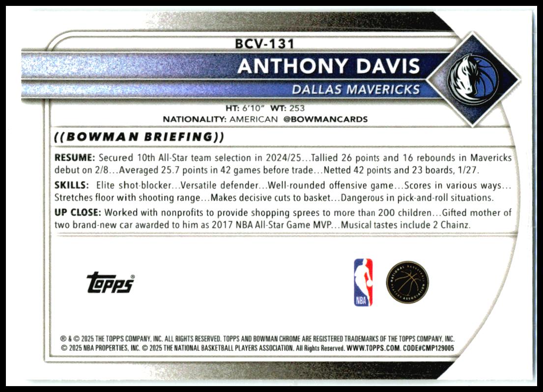 2025-26 Bowman Chrome #BCV-131 Anthony Davis Dallas Mavericks