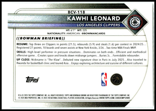 2025-26 Bowman Chrome #BCV-118 Kawhi Leonard Los Angeles Clippers
