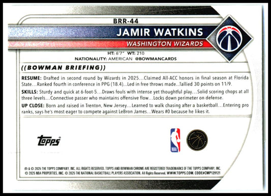 2025-26 Bowman Red Rookie Variations #BRR-44 Jamir Watkins Washington Wizards