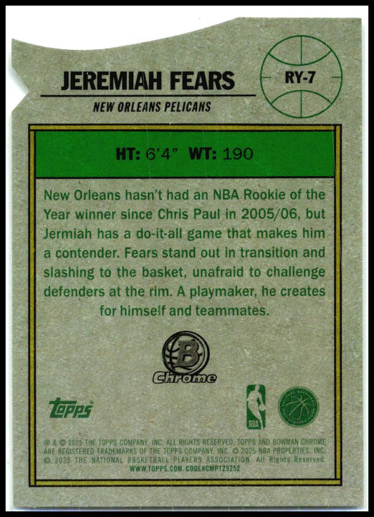 2025-26 Bowman Rookie Of The Year Favorites #RY-7 Jeremiah Fears Pelicans