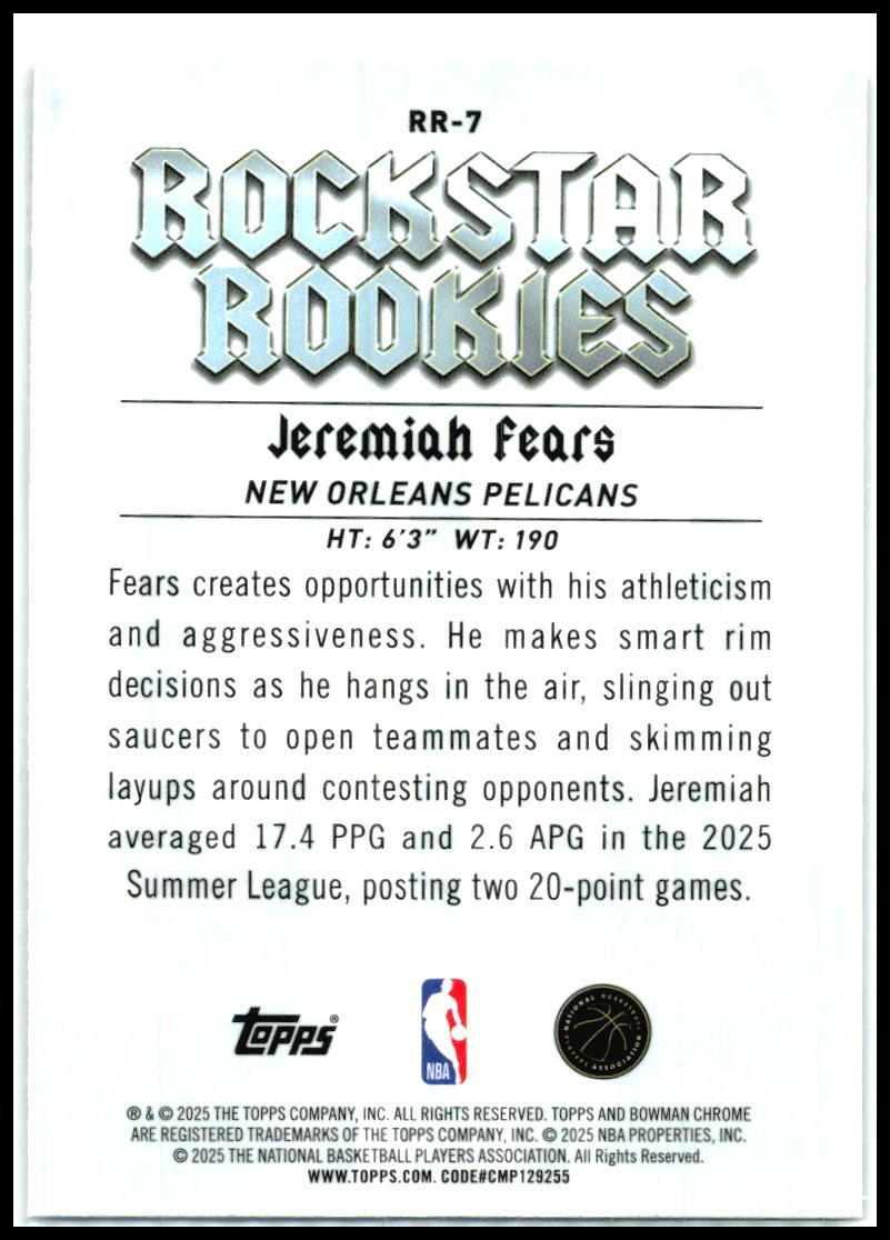 2025-26 Bowman Rockstar Rookies #RR-7 Jeremiah Fears New Orleans Pelicans