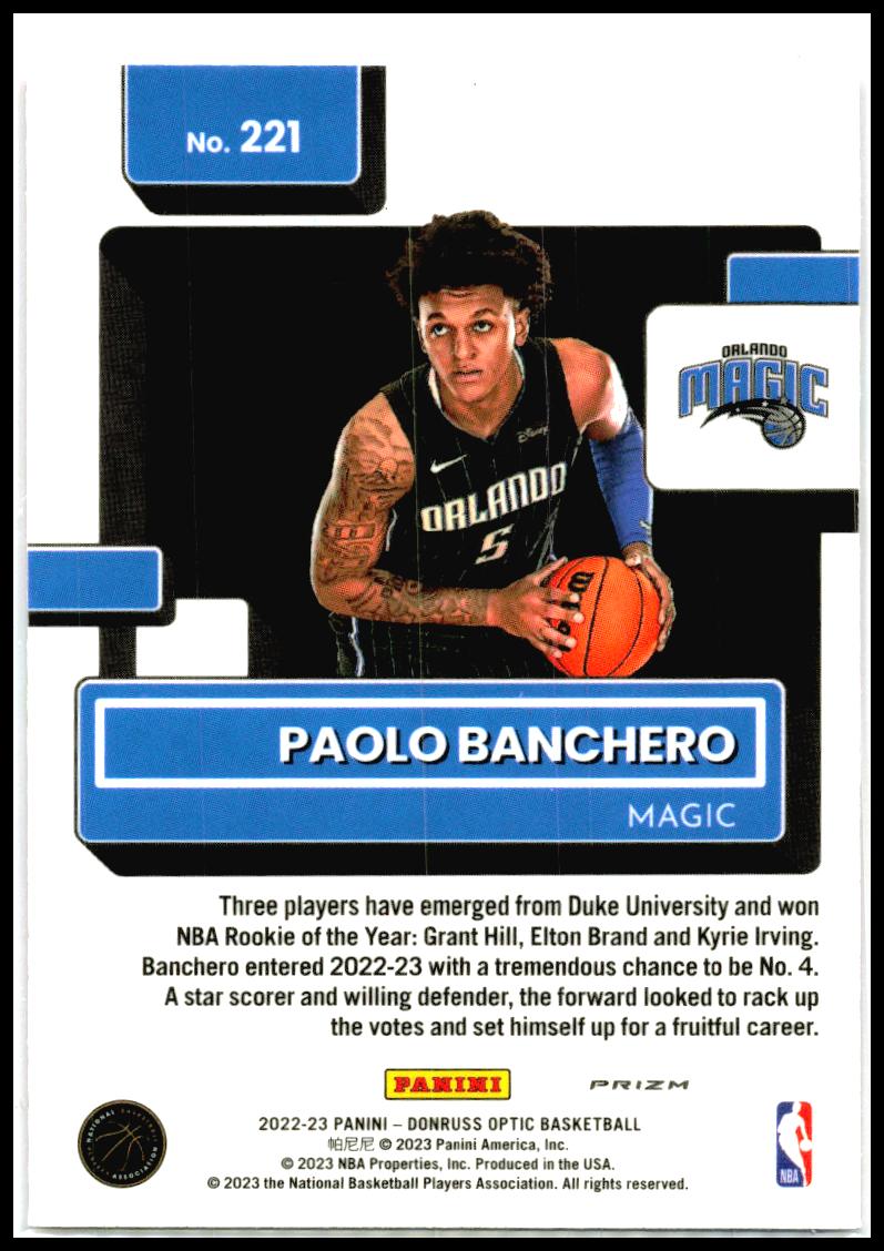 2022-23 Donruss Optic Hyper Pink #221 Paolo Banchero Orlando Magic
