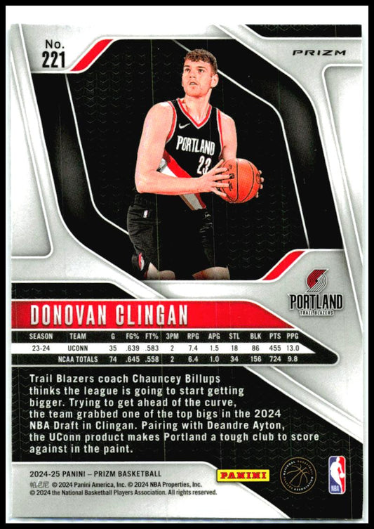 2024-25 Panini Prizm Prizms Ice #221 Donovan Clingan Portland Trail Blazers