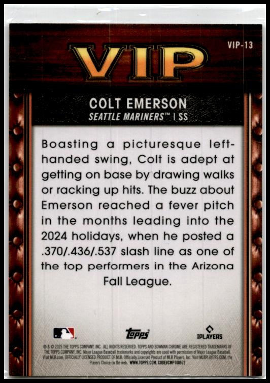 2025 Bowman Very Important Prospects #VIP-13 Colt Emerson Seattle Mariners