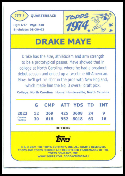 2024 Topps Chrome 1974 Topps Football Refractor #74TF-3 Drake Maye Patriots