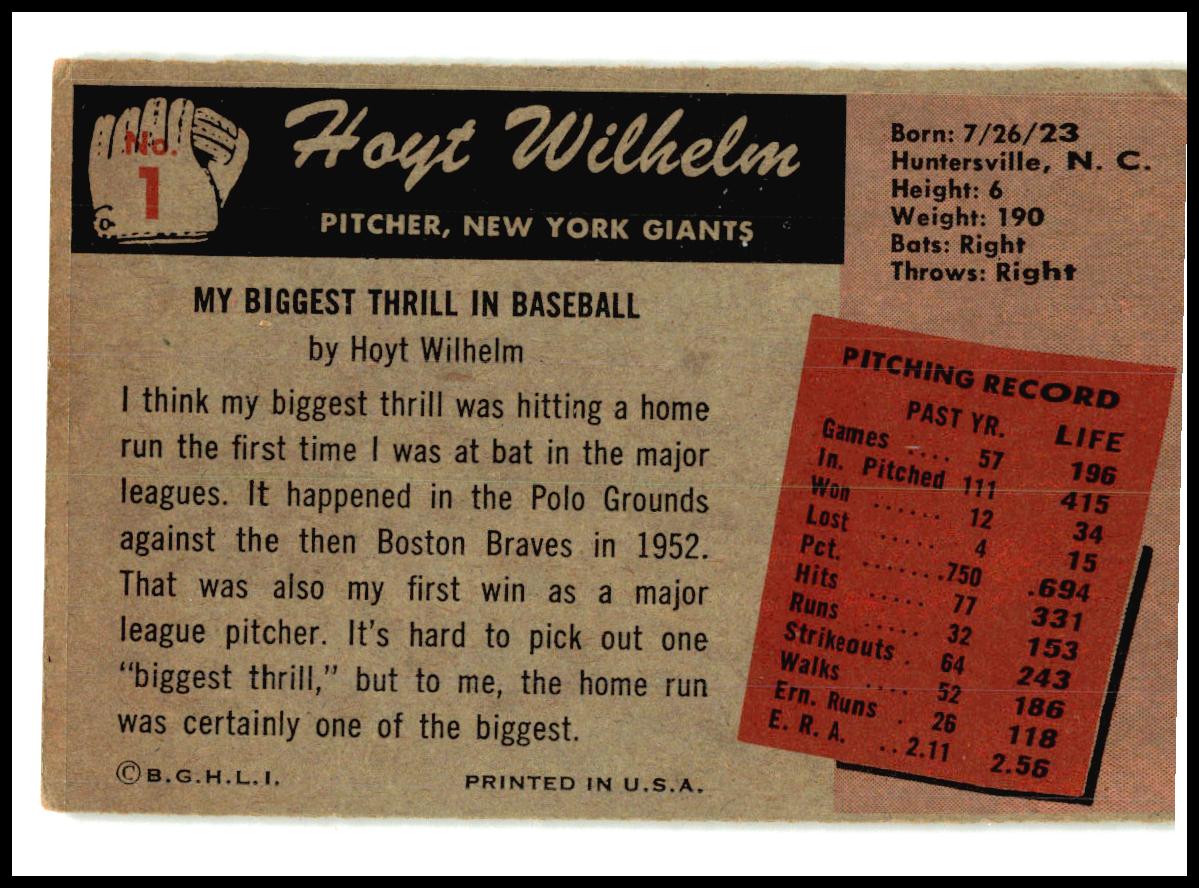 1955 Bowman #1 Hoyt Wilhelm New York Giants