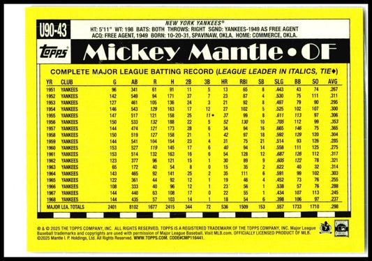 2025 Topps Update 1990 Topps 35th Anniversary #U90-43 Mickey Mantle Yankees