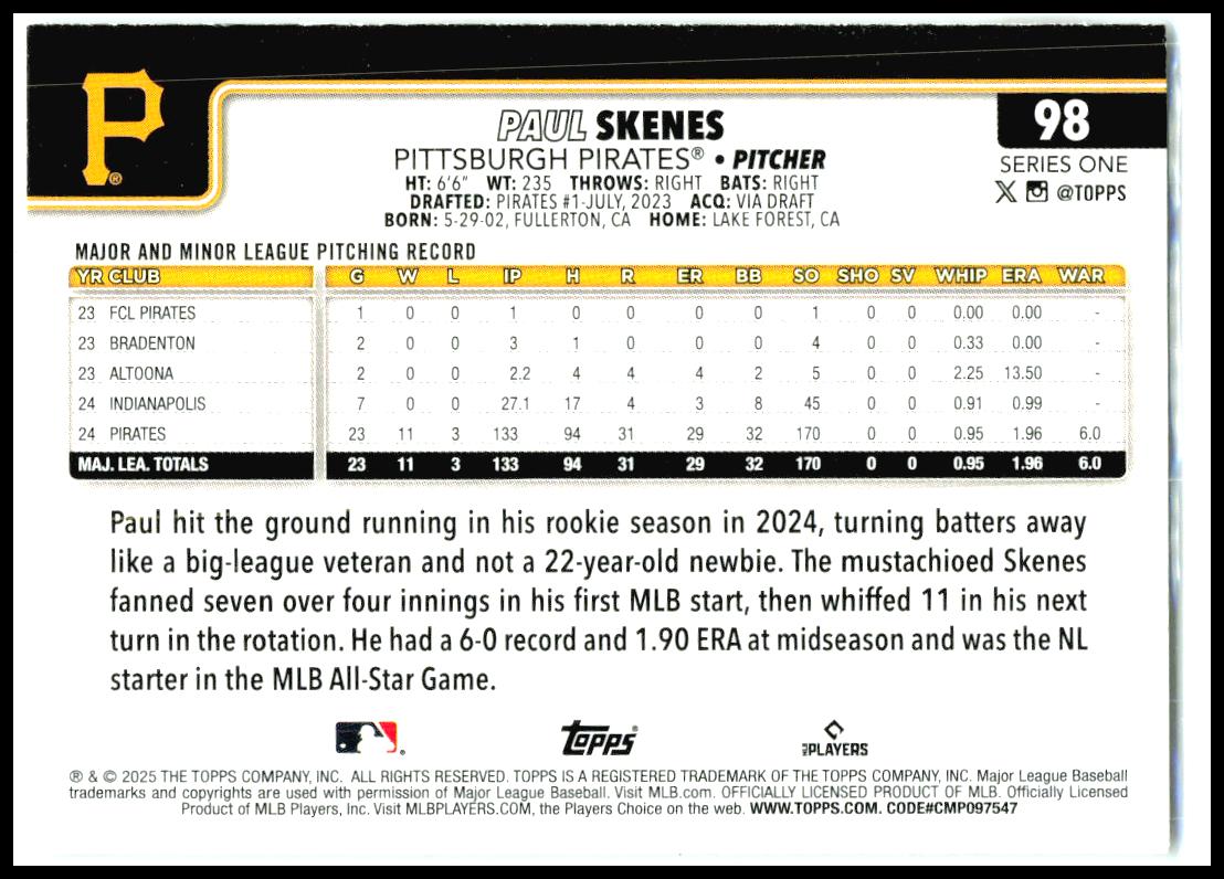 2025 Topps #98 Paul Skenes Pittsburgh Pirates