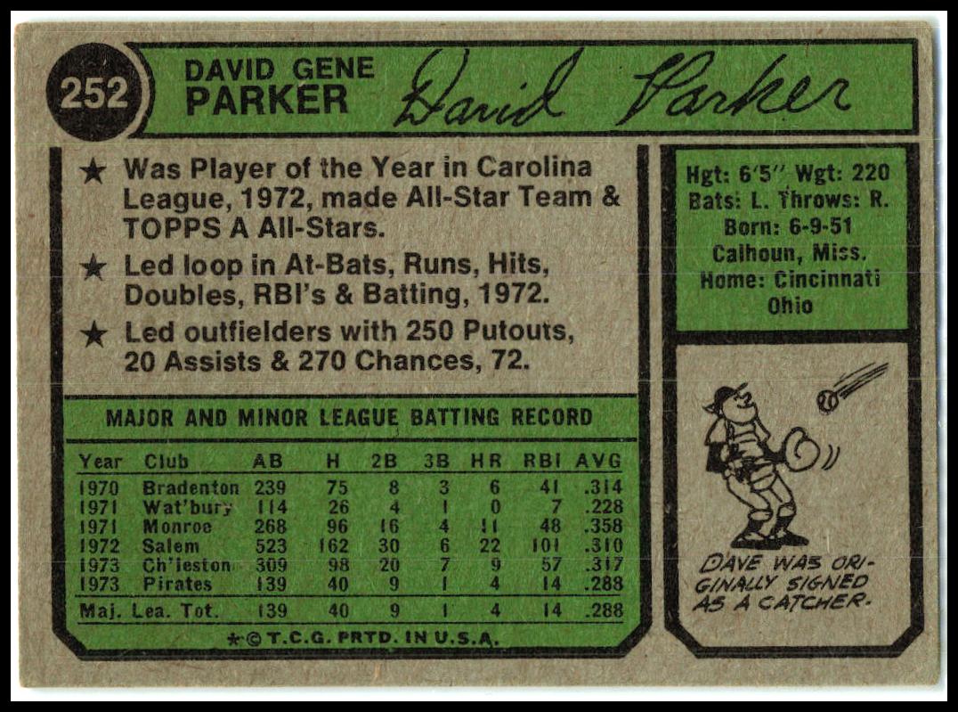 1974 Topps #252 Dave Parker Rookie Pittsburgh Pirates