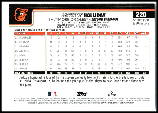 2025 Topps #220 Jackson Holliday Baltimore Orioles