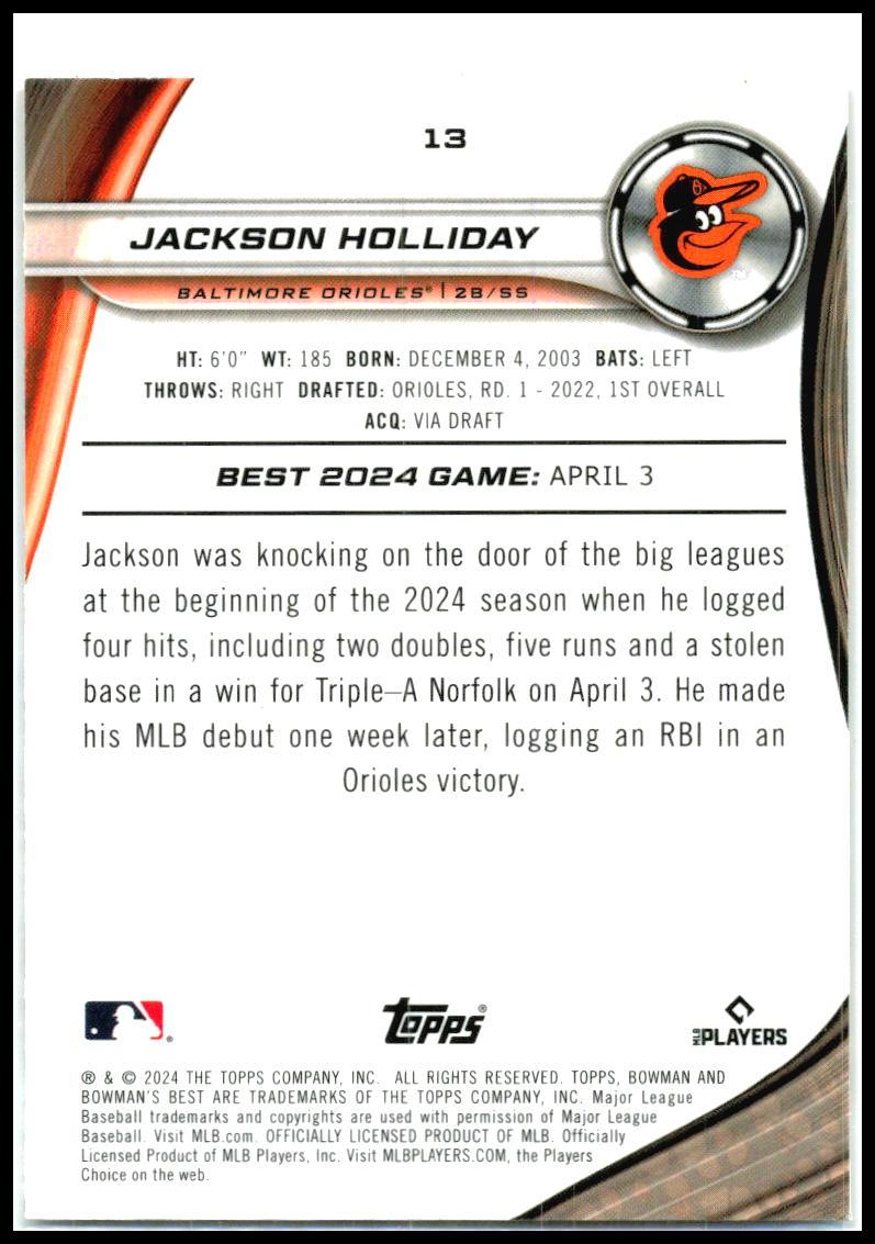 2024 Bowman's Best #13 Jackson Holliday Rookie Baltimore Orioles
