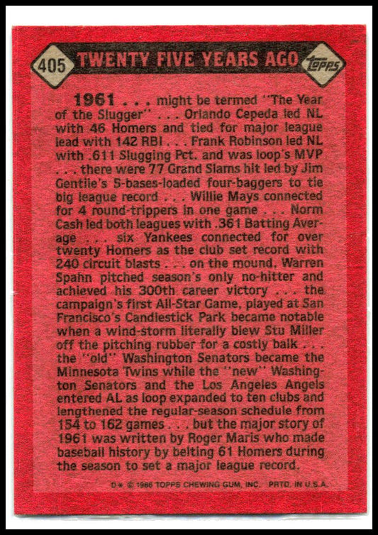 1986 Topps #405 Roger Maris New York Yankees