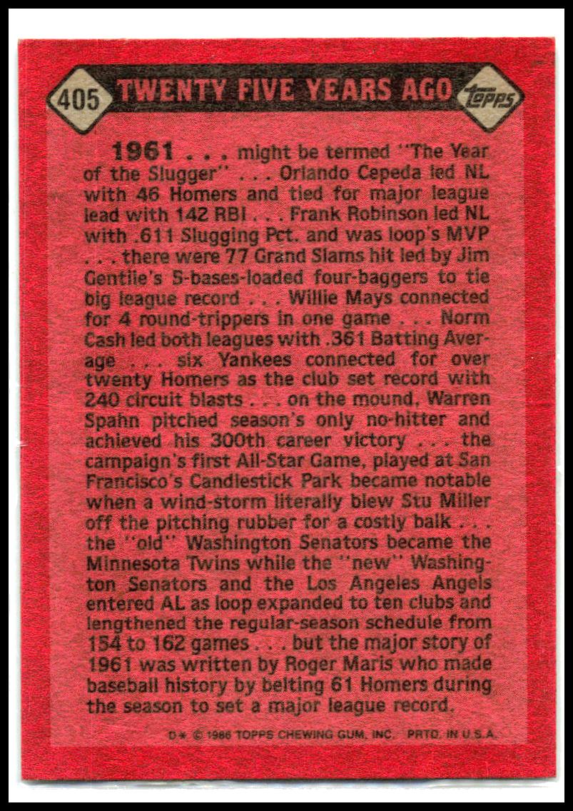 1986 Topps #405 Roger Maris New York Yankees