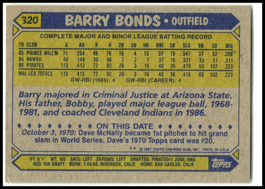 1987 Topps #320 Barry Bonds Rookie Pittsburgh Pirates