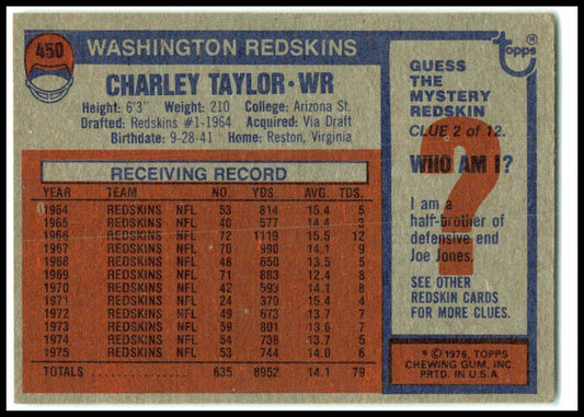1976 Topps #450 Charley Taylor Washington Redskins