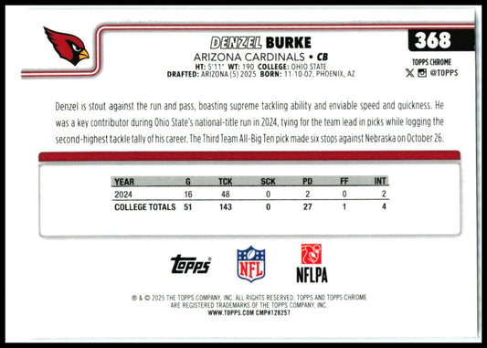 2025 Topps Chrome Prism Refractor #368 Denzel Burke Rookie Arizona Cardinals